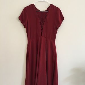 First Love Garnet Lace Up V Neck Midi Dress